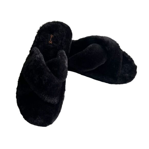 Seven 7 Fluffy Black Kiki Faux Fur Slide Women’s rosa Straps Size 6 - Picture 4 of 8
